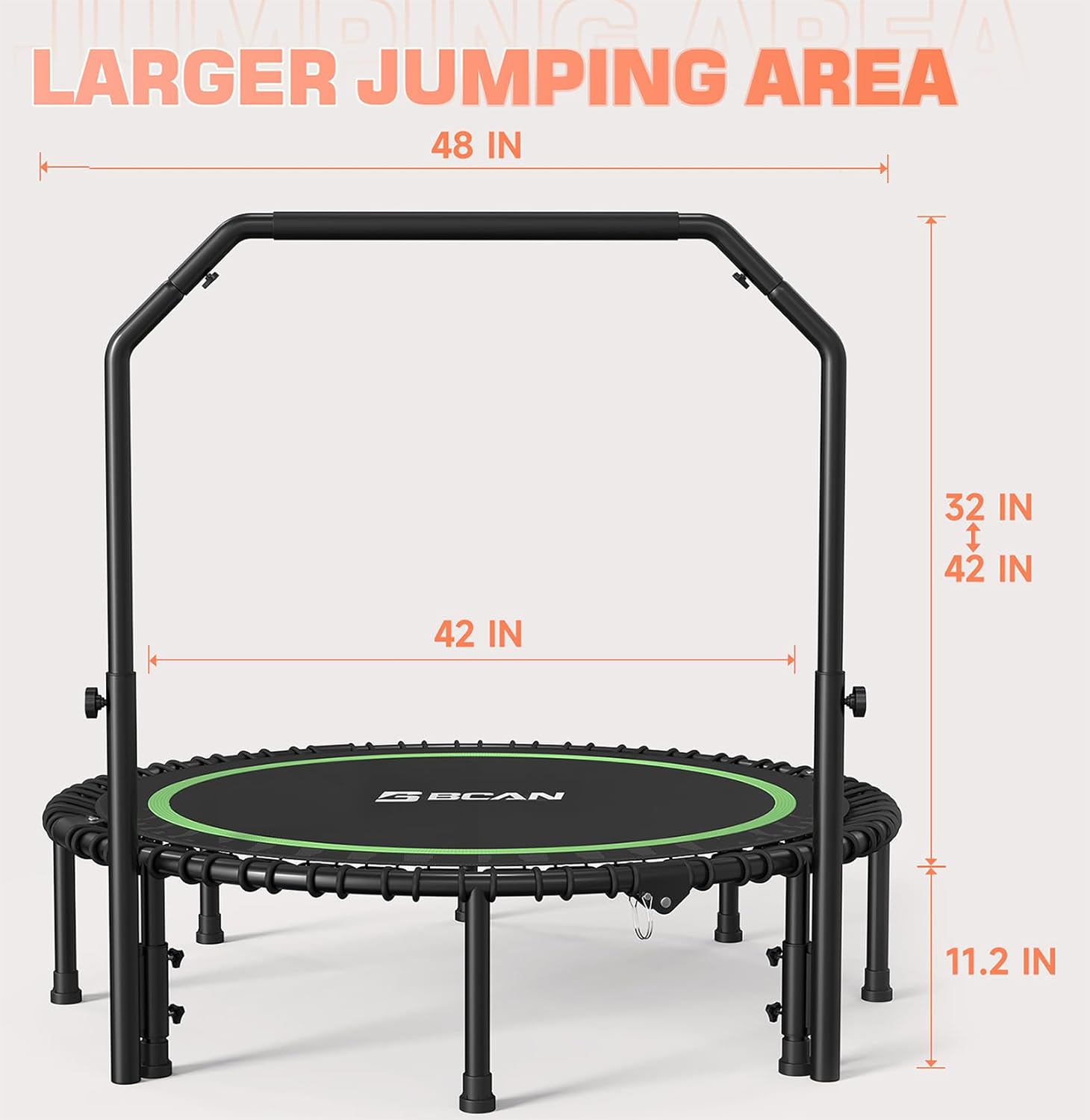 BCAN 450/550 LBS Foldable Mini Trampoline, 40"/48" Fitness Trampoline with Bungees, U Shape Adjustable Foam Handle, Stable & Quiet Exercise Rebounder for Adults Indoor/Outdoor Workout wourant