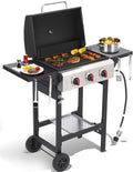 Propane gas grill with fold-out side table, cast iron grate and stainless steel skillet wourant