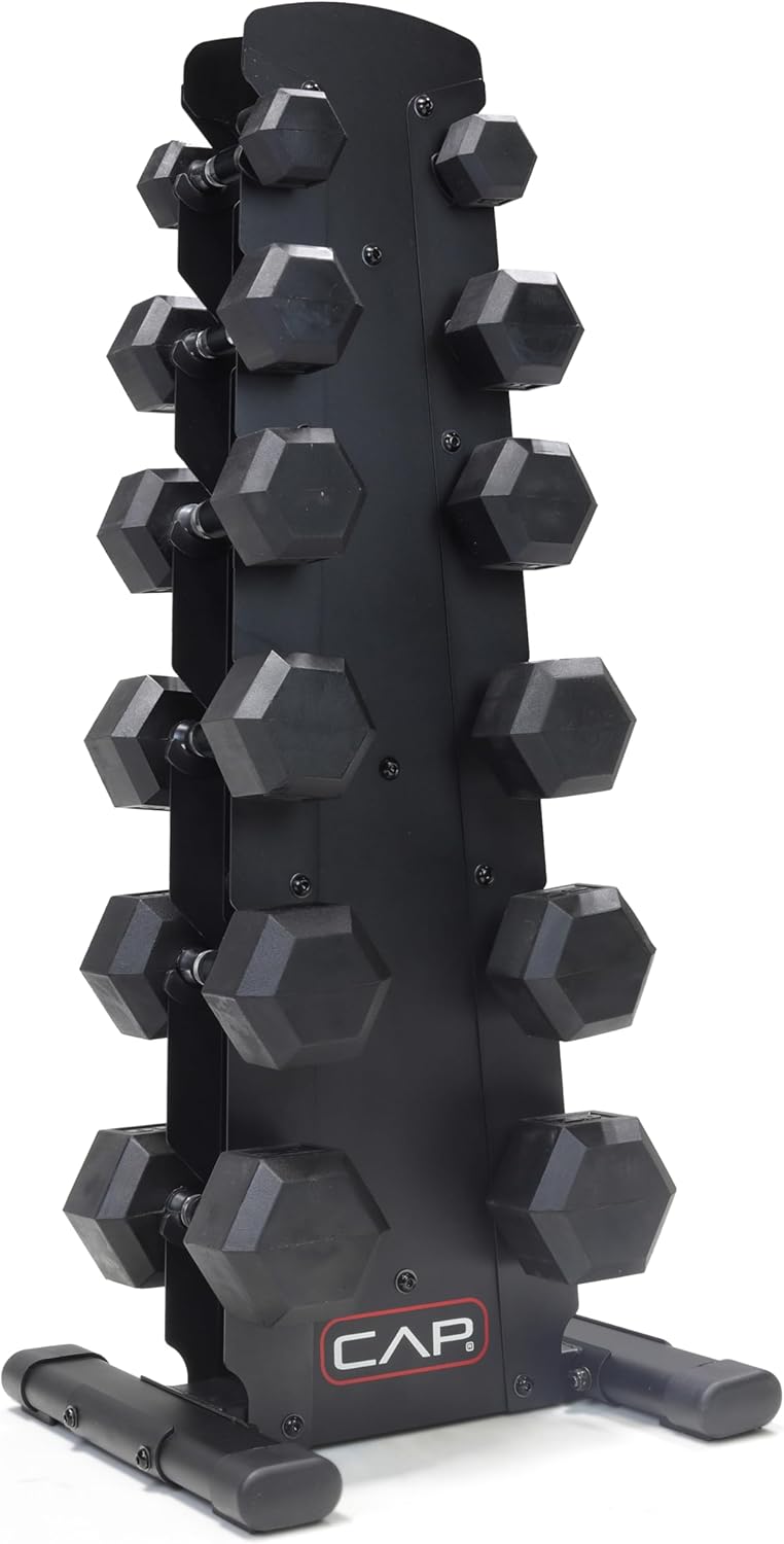 CAP Barbell Rubber Coated Dumbbell Weight Set with Vertical Rack | 100 lb, 150 lb, and 210 lb Options wourant