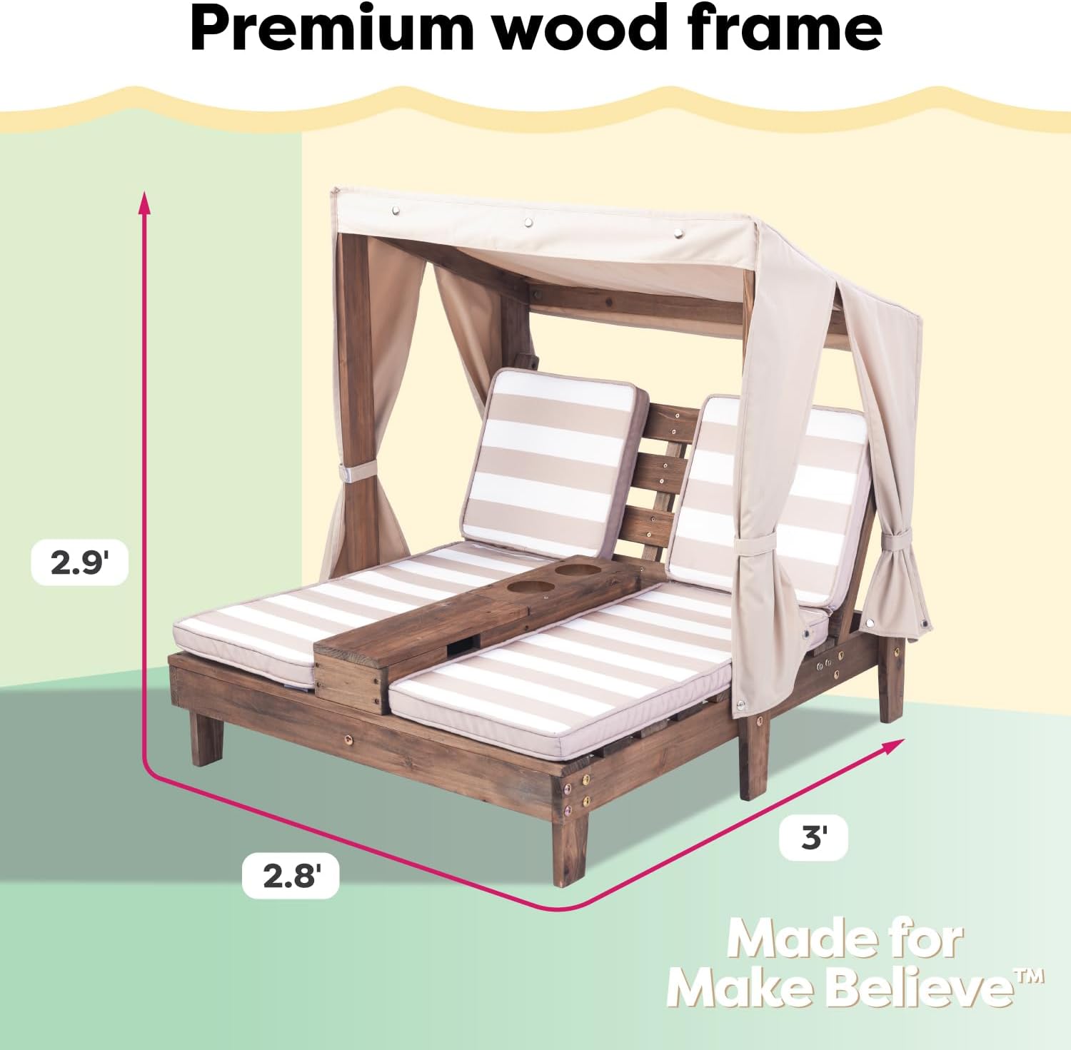 KidKraft Wooden Outdoor Double Chaise Lounge with Cup Holders, Kid's Patio Furniture, Honey with Navy and White Striped Fabric, Gift for Ages 3-8 wourant
