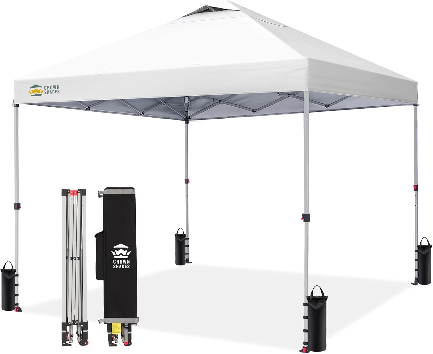 Crown Shades 10x10 Pop Up Canopy - Beach Tent with One Push Setup - Outdoor Sun Shade for Events, Parties, Camping - Gazebo with STO-N-Go Cover Bag, Silver Coated Top, 3 Height& 4 Sand Bags, Yellow woonhhop