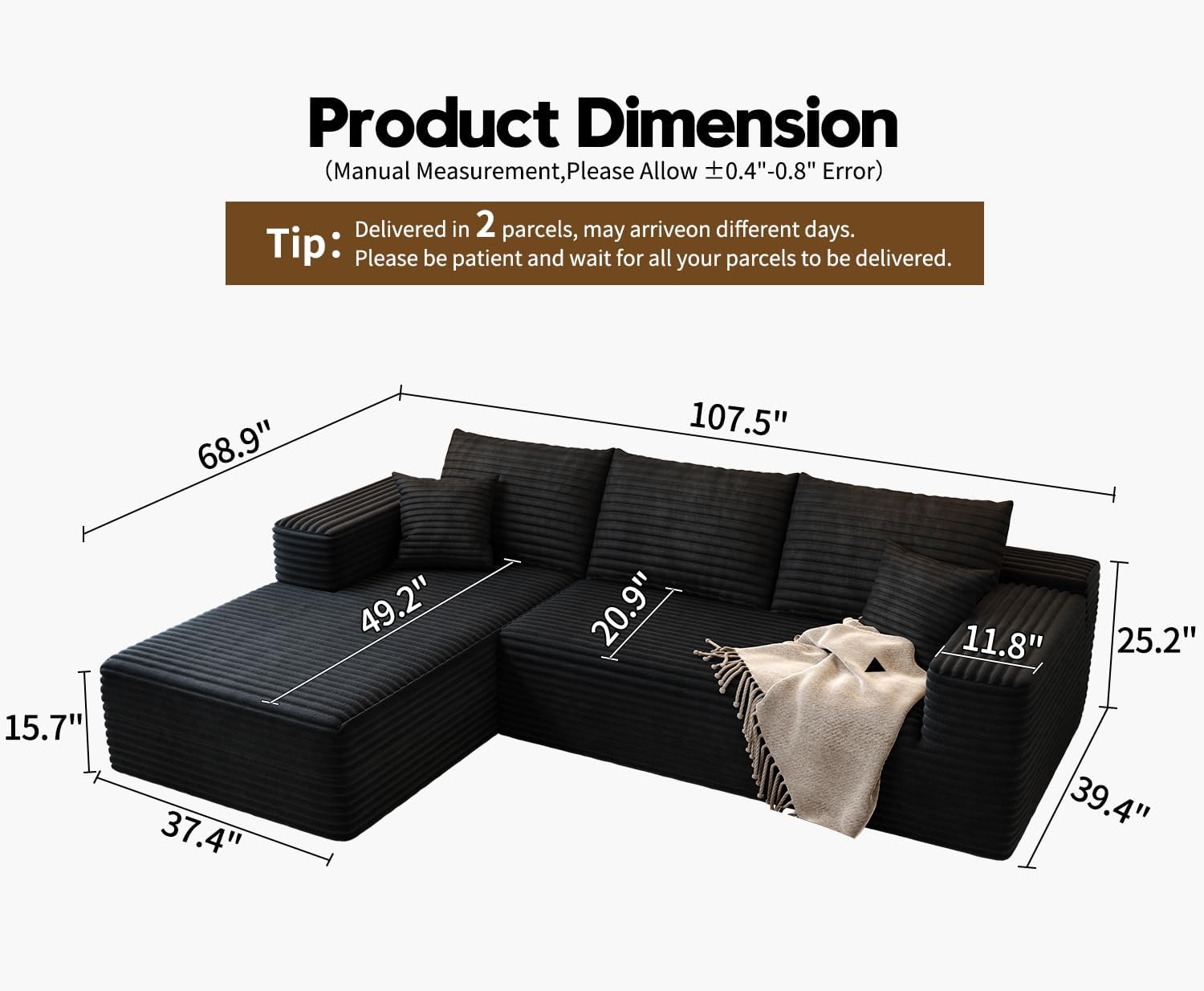 107.5 inch Cloud Modular Sectional Sofa with L-Shaped Chaise Lounge, Modern Minimalist Upholstered Sofa Deep Seating Corner Sofa wourant