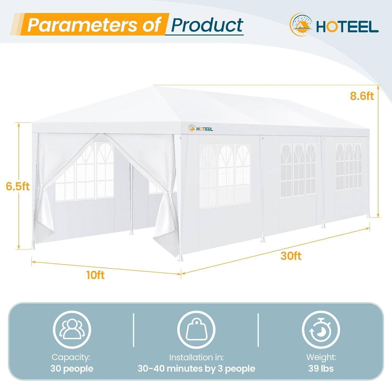 HOTEEL 10x30 Party Tent with 8 Removable Sidewalls for Parties, Weddings, BBQ wourant