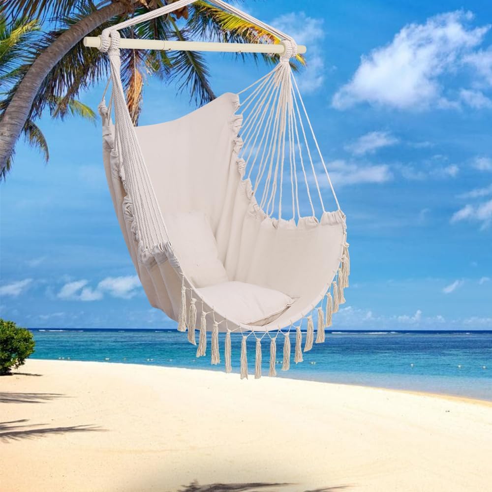 ONCLOUD Hammock Chair Hanging Rope Swing, Load Capacity Up to 550 LBS Macrame Hammock Swing Seat with Two Cushions, Hammock Seats with Portable Steel Spreader Bar for Indoor/Outdoor, Black wourant
