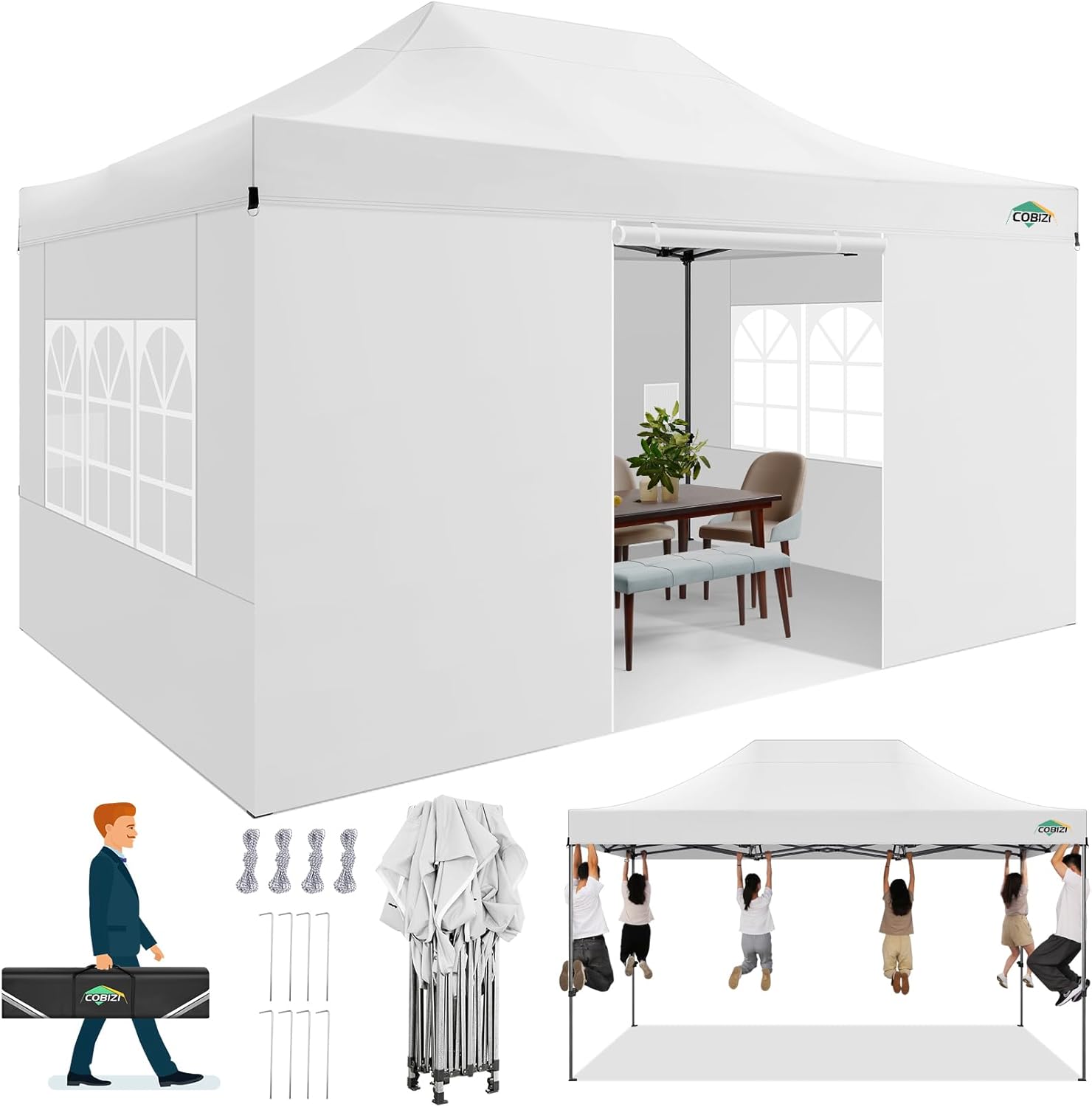 COBIZI 10x20 Heavy Duty Pop up Canopy Tent with 6 sidewalls Easy Up Commercial Outdoor Canopy Wedding Party Tents for Parties All Season Wind & Waterproof Gazebo with Roller Bag,Black(Frame Thickened) wourant