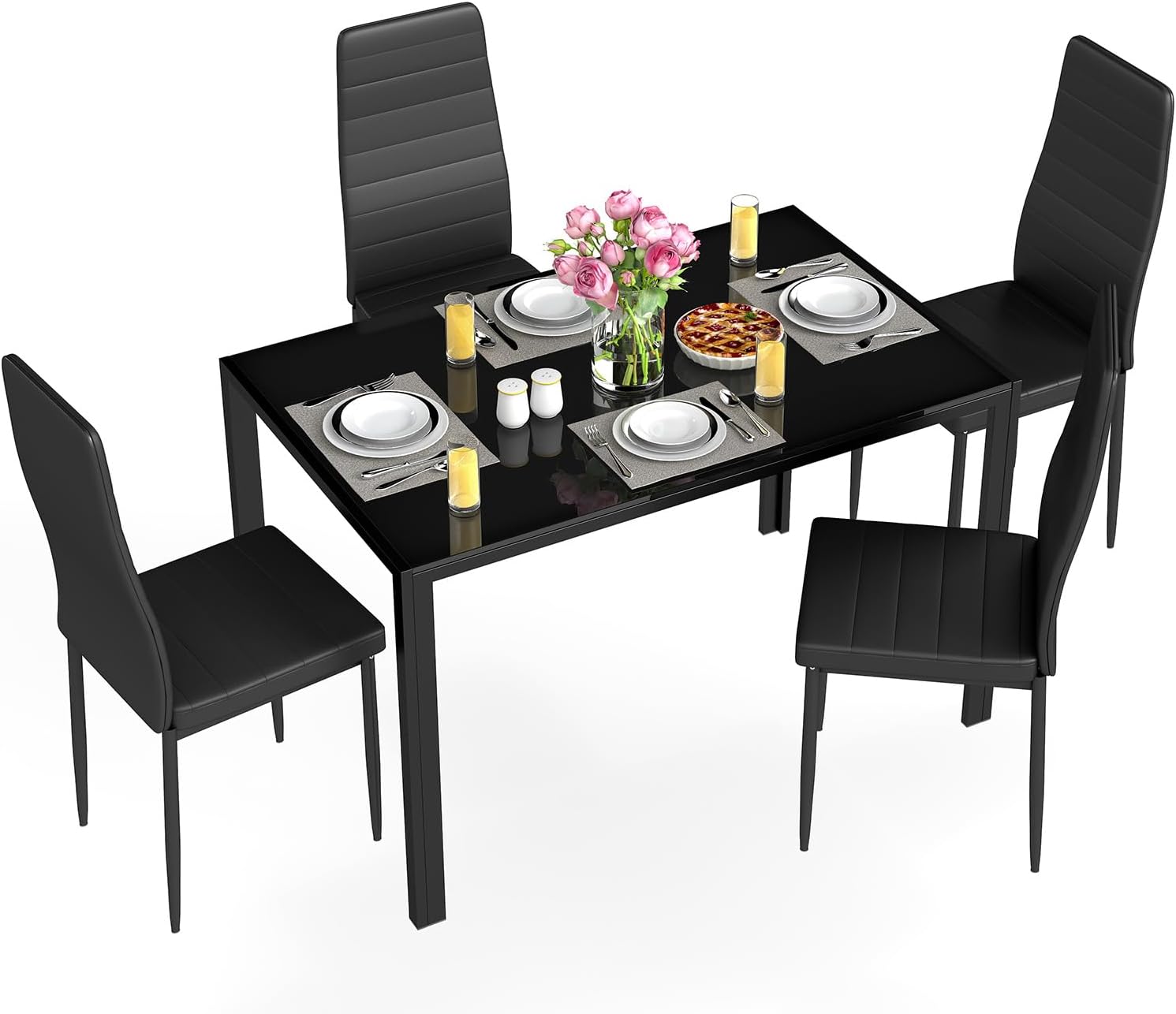 FDW Dining Table Set for 4 Glass Black Dining Table Kitchen Table with 4 Upholstered Chairs wourant