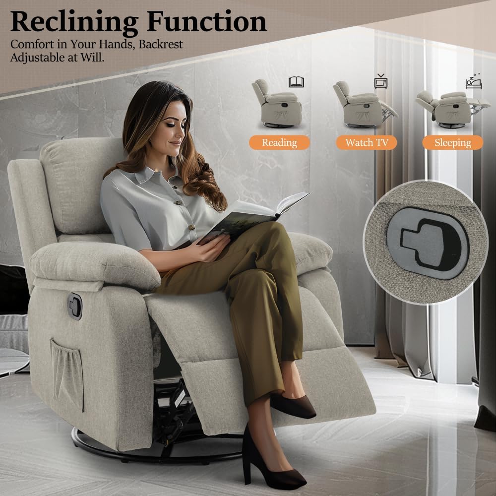 Reclining rocking chair 360 degree rotating fabric sliding reclining chair wourant