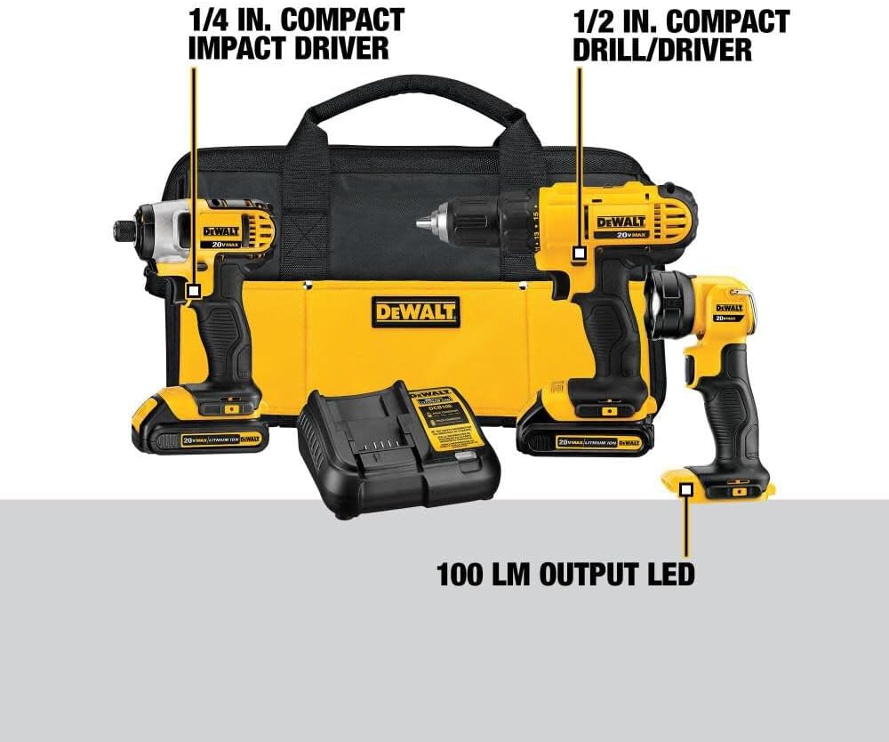 20V MAX Cordless Drill Impact Driver and LED Work Light Portable, Power Tool Combo Kit 3 Tool, 2 Batteries and Charger Included (DCK340C2) wourant