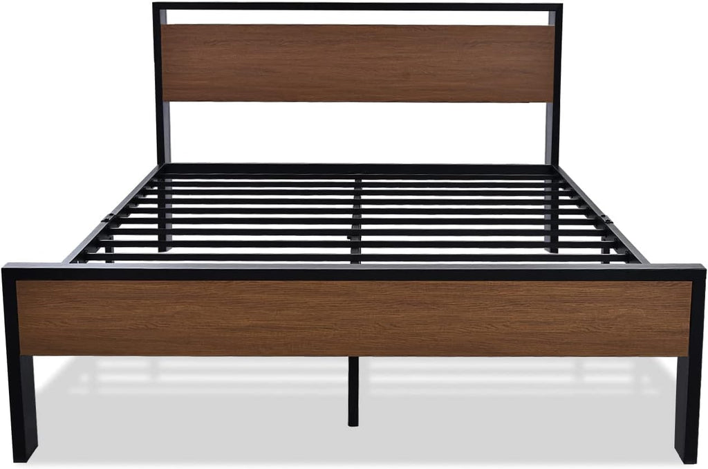 SHA CERLIN 14 Inch Queen Size Metal Platform Bed Frame with Wooden Headboard and Footboard wourant