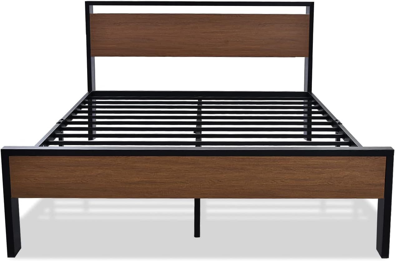 SHA CERLIN 14 Inch Queen Size Metal Platform Bed Frame with Wooden Headboard and Footboard wourant