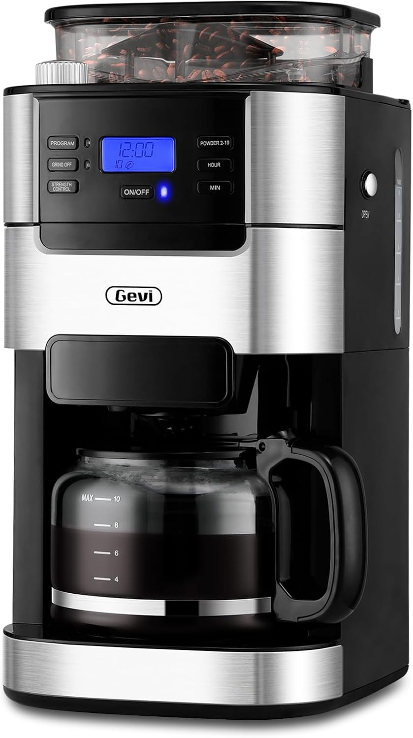 Gevi 10-Cup Drip Coffee Maker with Built-in Grinder, Programmable Brew Coffee Machine with Timer, Reusable Filter, 1.5L Water Tank, Coffee Pot, Warming Plate Burr Grinder Combo woonhhop
