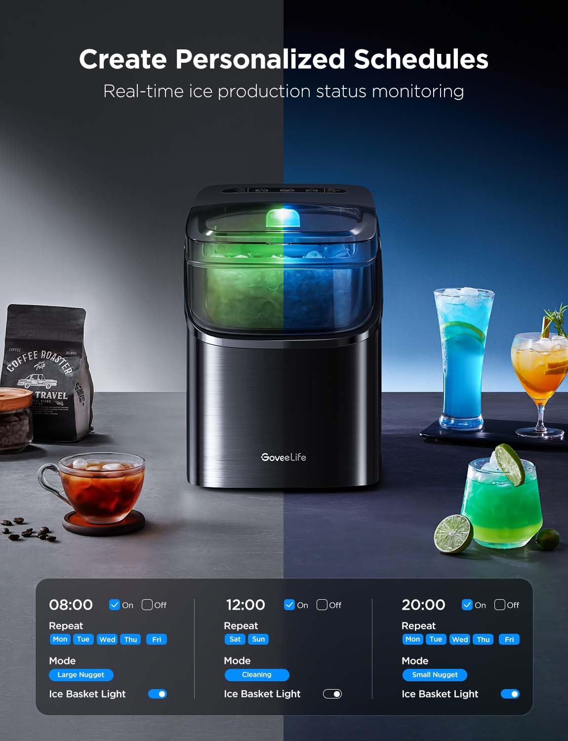 GoveeLife Smart Ice Maker Countertop, Portable Ice Machine with Voice Control, 9 Ice Cubes in 6 Minutes 3 Sizes, 26lbs/24Hrs, Self Cleaning RGB Lights, Quiet Ice Maker with Scoop for Kitchen Silver wourant