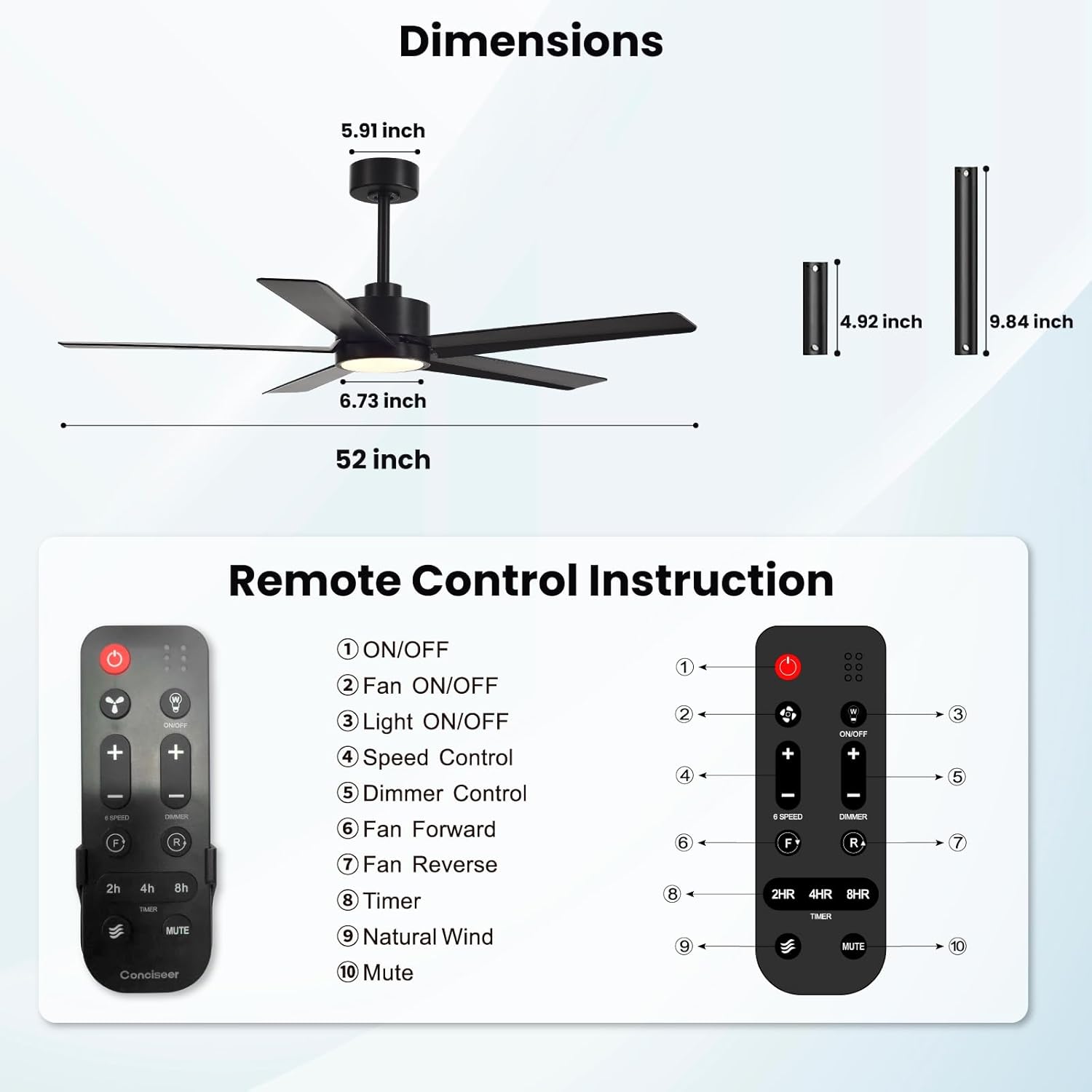 Modern Ceiling Fans with Lights, 72 Inch Ceiling Fan with Light and Remote, Bedroom Living Room Library Cafe Outdoor/Industrial,24W 3CCT Dimmable, 8 Blades 6 Speed Reversible Quiet DC Motor, Black wourant