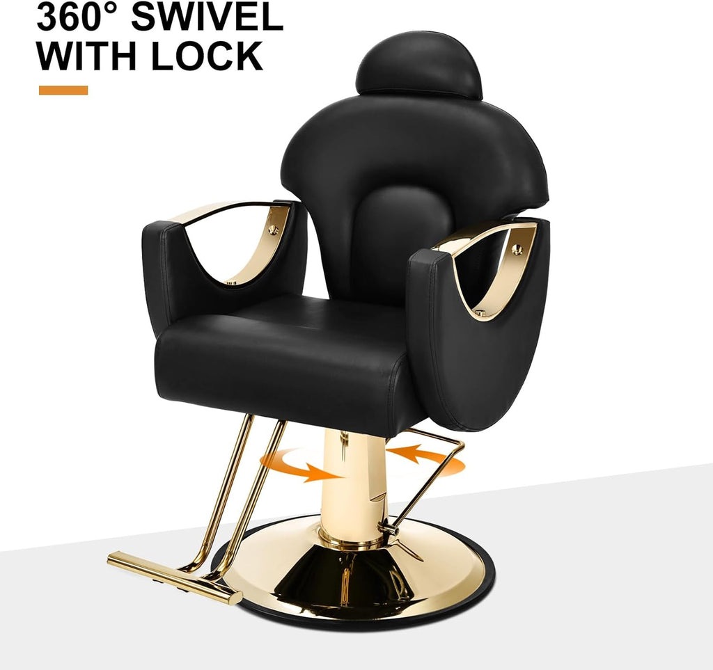 Artist Hand Salon Chair Reclining Barber Chair Oversized Hydraulic Pump Heavy Duty Hair Salon Chair 360 Degree Swivel Hair Chair for Hair Stylist, Beauty Spa Equipment Max Load 400 LBS, Black and Gold wourant