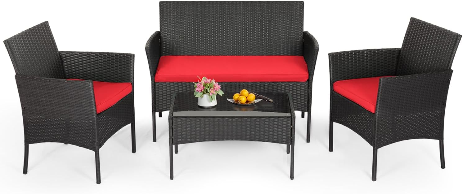 FDW | 4-Piece Patio Furniture Set | Black | Outdoor Wicker Furniture with Coffee Table | Modern Rattan Chairs Conversation Set | Outdoor Seating | Weather-Resistant | for Porch, Garden, Lawn woonhhop