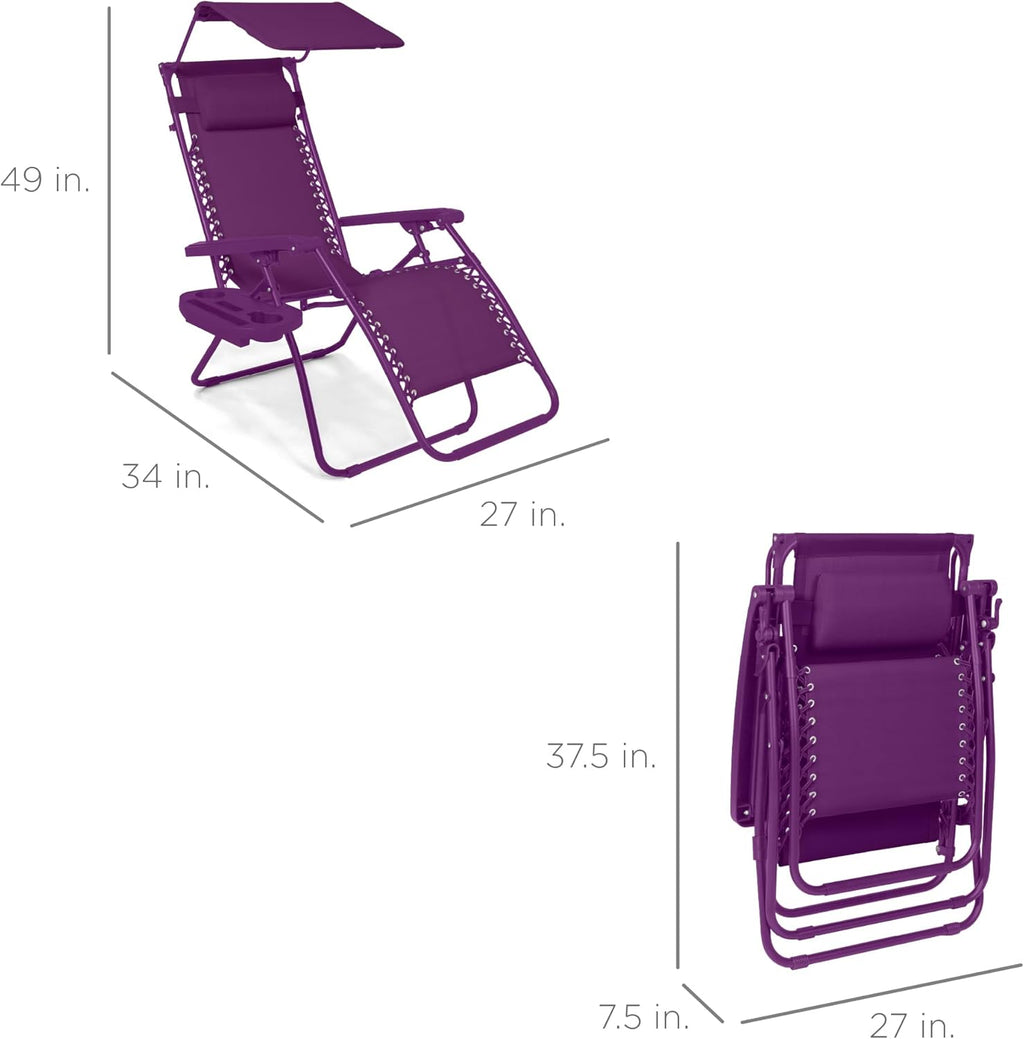 Best Choice Products Folding Zero Gravity Outdoor Recliner Patio Lounge Chair w/Adjustable Canopy Shade, Headrest, Side Accessory Tray, Textilene Mesh - Peacock Blue wourant