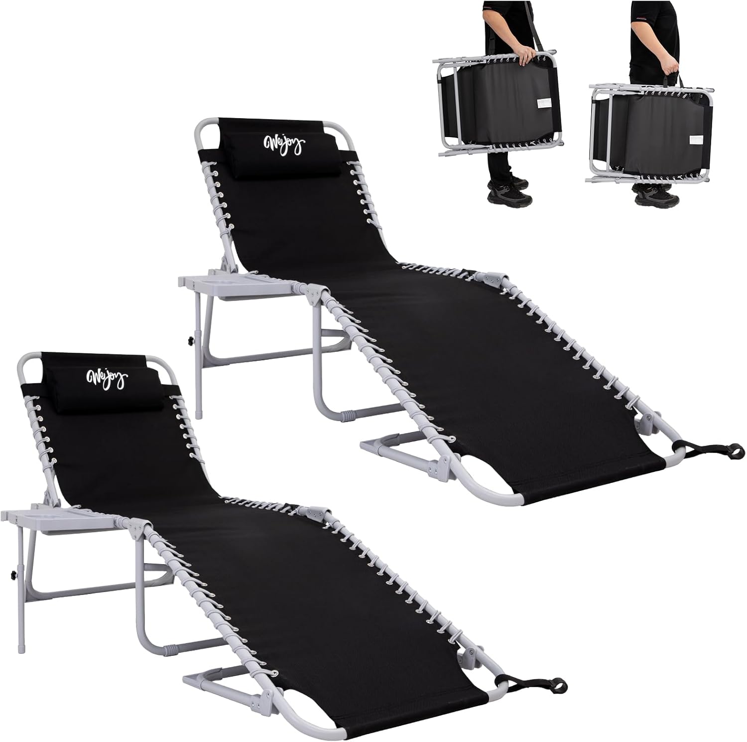 2 Pack Outdoor Chaise Lounge Chair - Portable Folding Patio Pool Lounge Chair, 5 Positions Adjustable Reclining Camping Chair with Side Table,Shoulder Strap, Pillow for Beach Sunbathing Lawn wourant