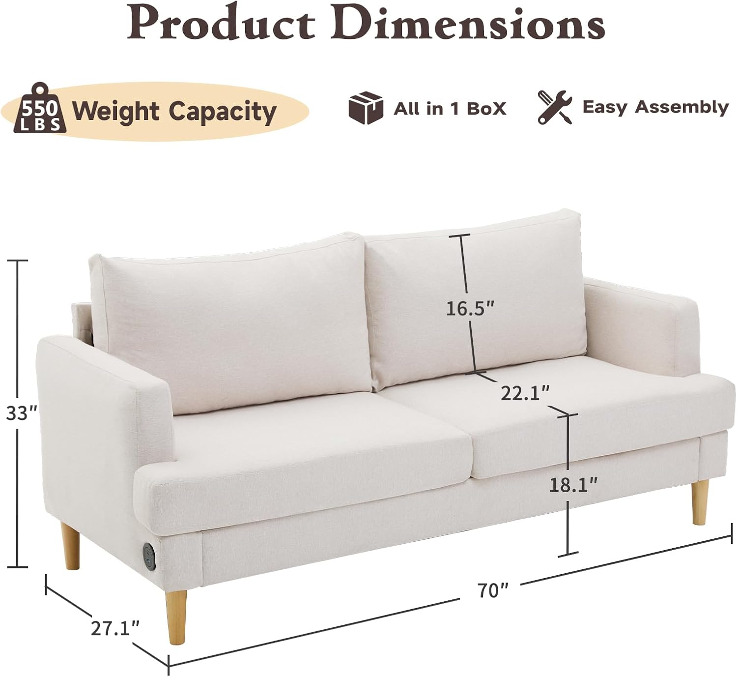 Loveseat Sofa Couch for Living Room USB Type C Ports Dark Gray Upholstered Small Couches wourant
