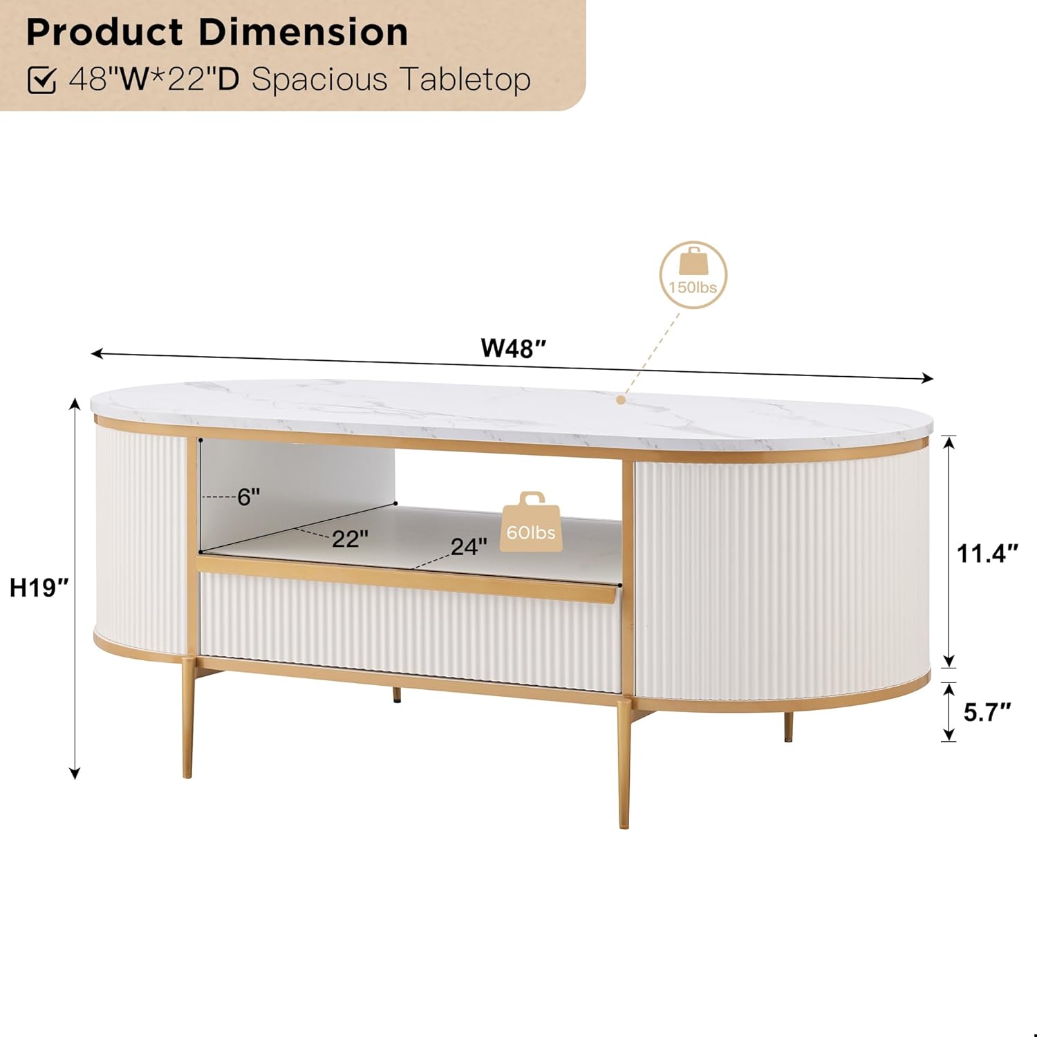 OKD Modern Luxury Grooved Coffee Table, 48 Inch Oval Coffee Table with Drawers, Imitation Marble Top, Curved Contour Design, Gold Metal Trim, Living Room Center Table wourant
