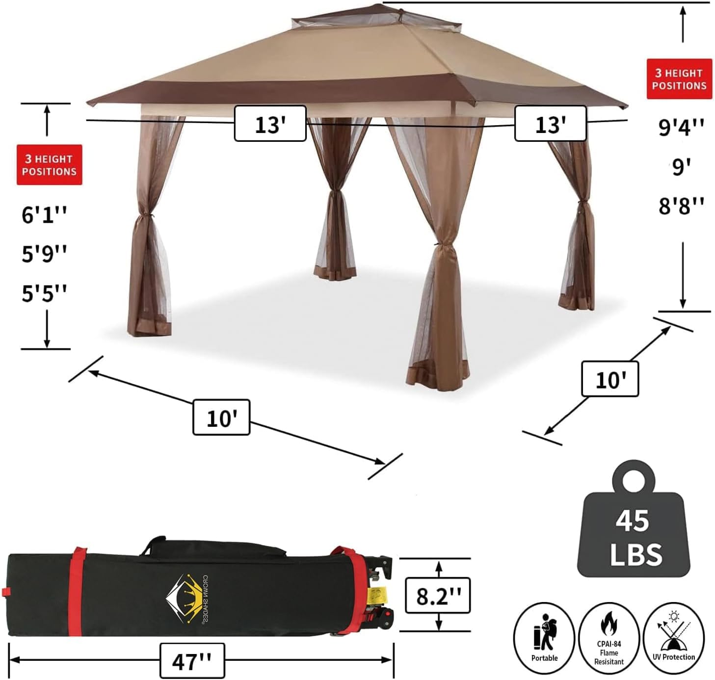 CROWN SHADES 13x13 Pop Up Gazebo, Canopy Tent, Gazebos on Clearance - Outdoor Gazebo for Backyard & Patio Furniture - Carpa Pop Up Tent with Wheeled STO-N-Go Cover Bag (White) wourant