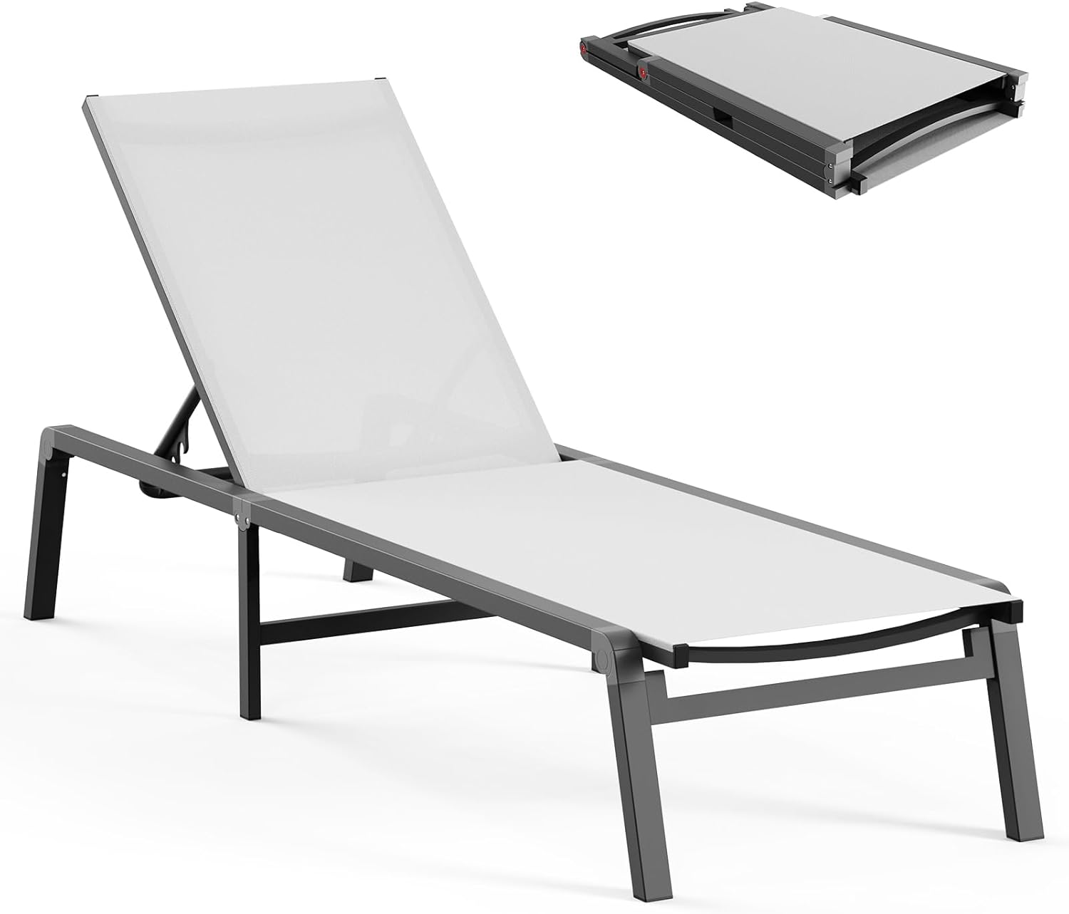 Aluminum Chaise Lounge Ourdoor - Foldable & Assemble Free Outdoor Lounge Chair with 5 Adjustable Backrest, Patio Lounge Chair for Outside Poolside Beach Pool, Black wourant