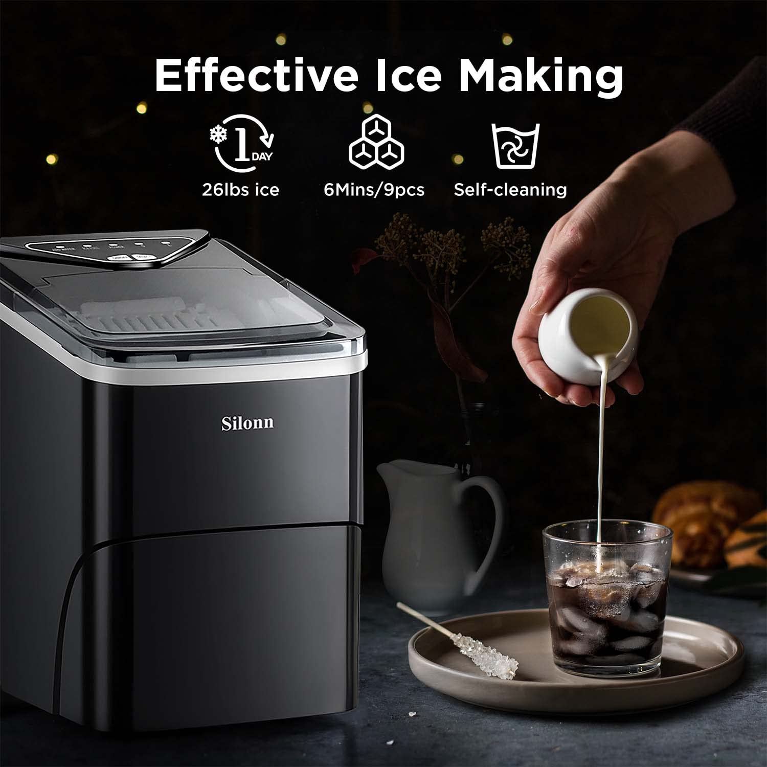 Nugget Ice Maker Countertop, Silonn Chewable Pellet Ice Machine with Self-Cleanin Function, 33lbs/24H Portable Ice Makers for Home Kitchen Officce, Black wourant