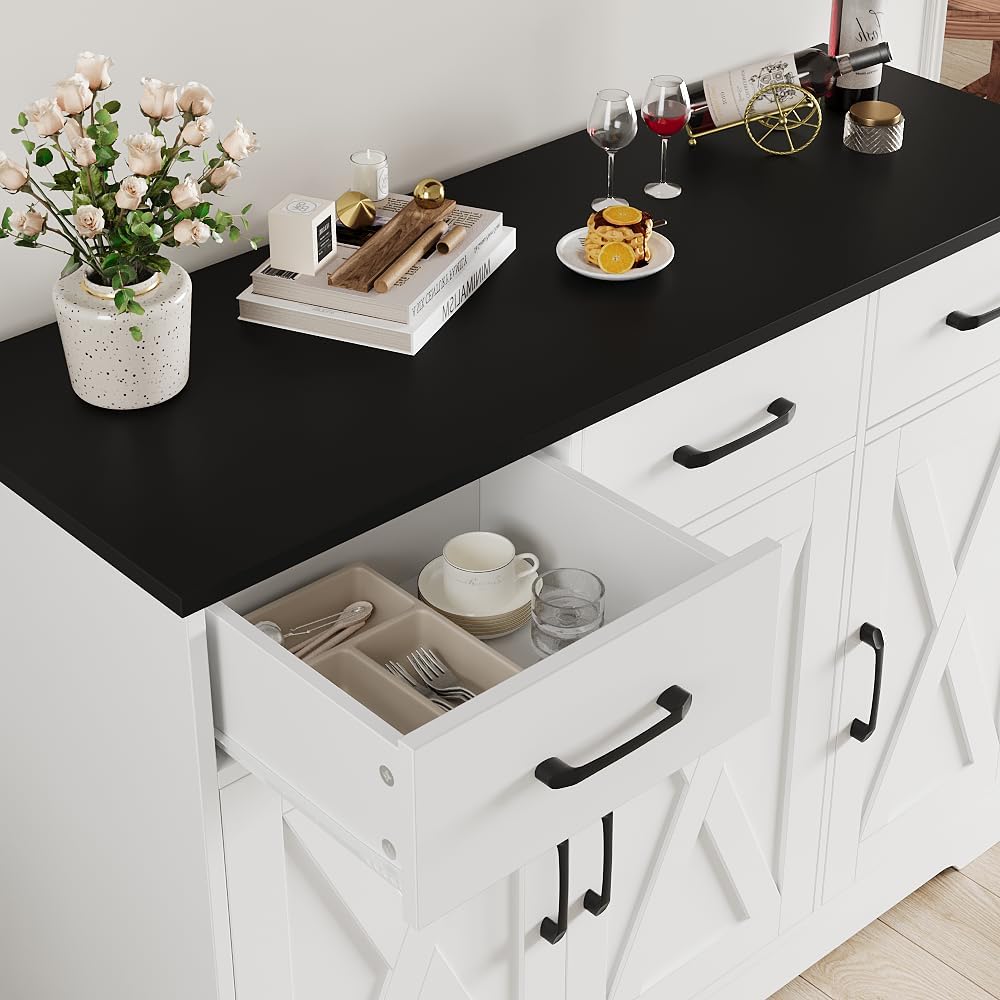 Modern farmhouse sideboard, barn door buffet storage cabinet with drawers and shelves, wooden coffee bar with storage wourant
