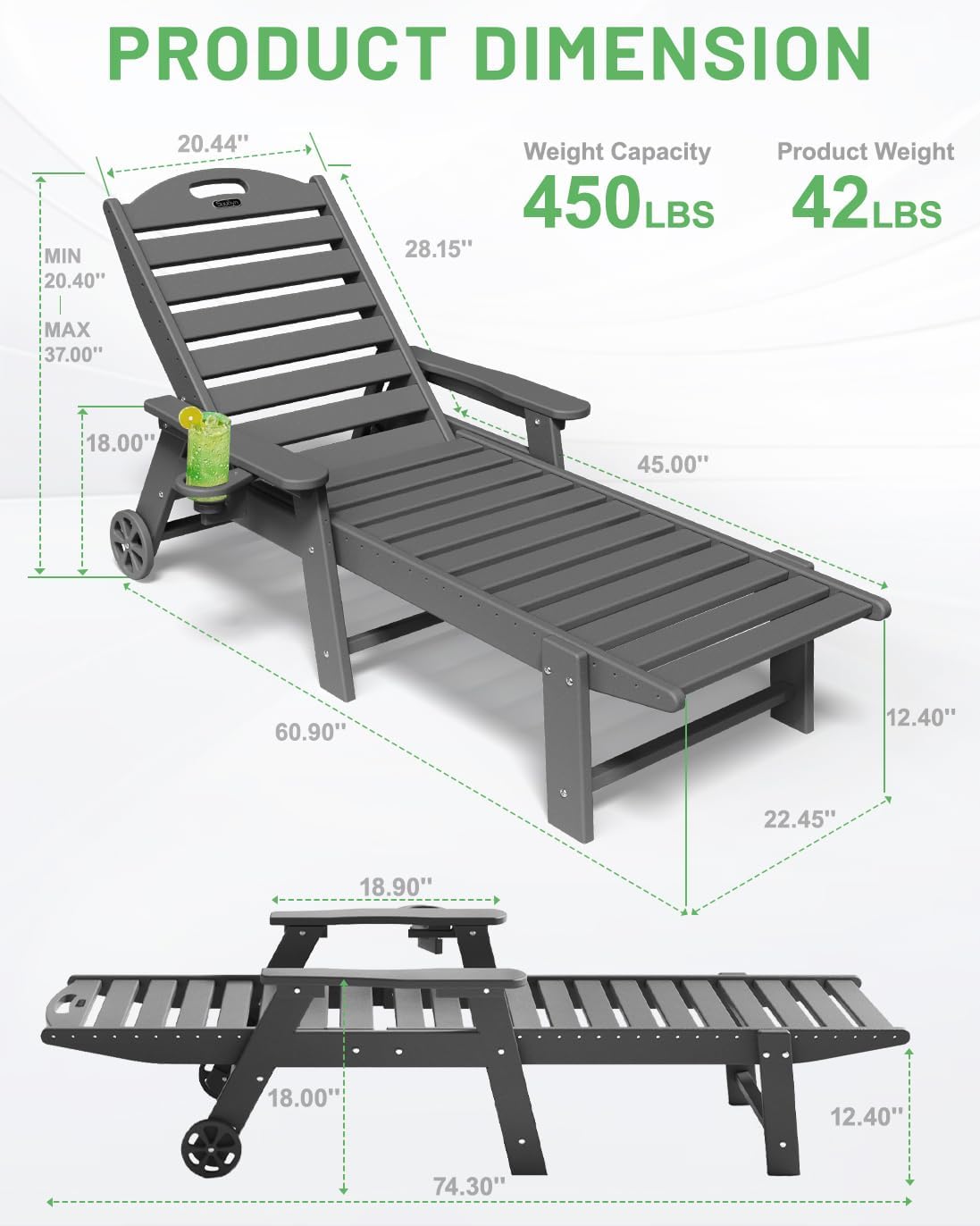 Lounge Chair Outdoor, Chaise Lounge, HDPE 6-Position Outdoor Chaise Lounge, Patio Lounge Chair with Wheels & Cup Holder for Pool Poolside Deck Backyard, Teak wourant