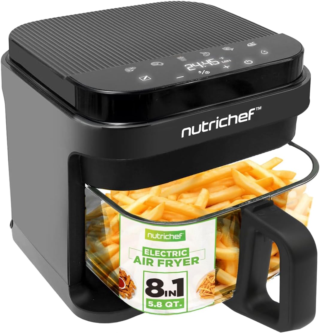 Nutrichef 5.8 Quart Air Fryer 8-1 Preset Cook Modes Transparent Fry Bowl wourant