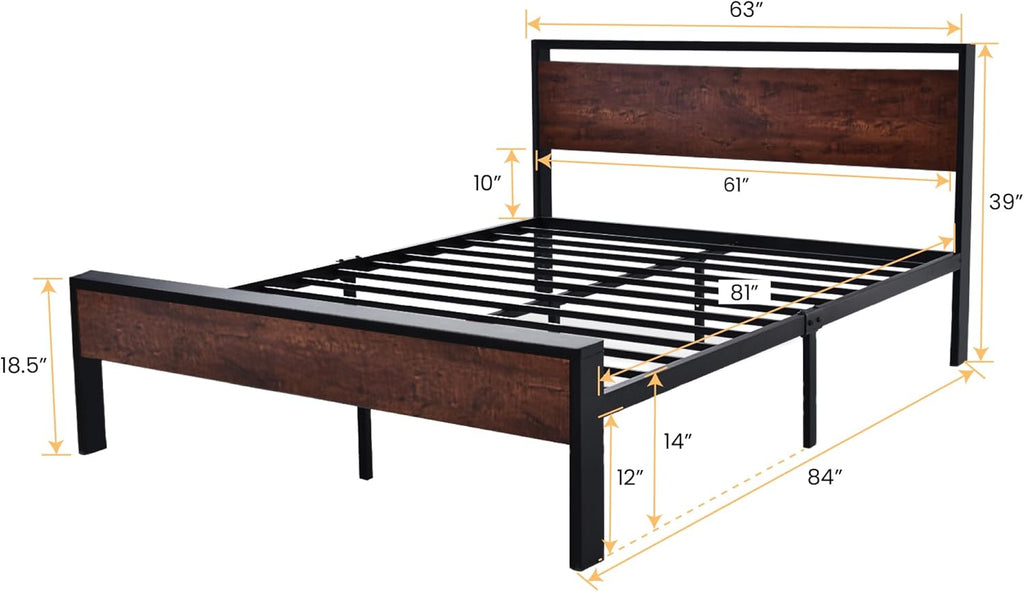SHA CERLIN 14 Inch Full Size Metal Platform Bed Frame with Wooden Headboard and Footboard wourant