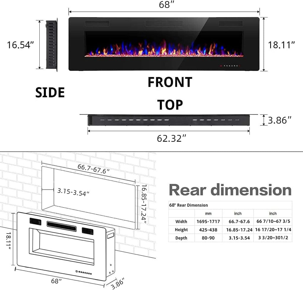 R.W.FLAME 60" Recessed and Wall Mounted Electric Fireplace, Low Noise, Fit for 2 x 6 Stud, Remote Control with Timer, Touch Screen, Adjustable Flame Color and Speed, 750-1500W wourant