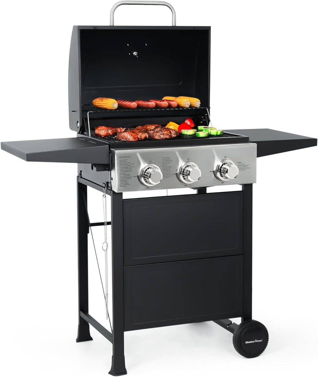 3 Burner BBQ Propane Gas Grill, Stainless Steel 30,000 BTU Patio Garden Barbecue Grill with Two Foldable Shelves wourant