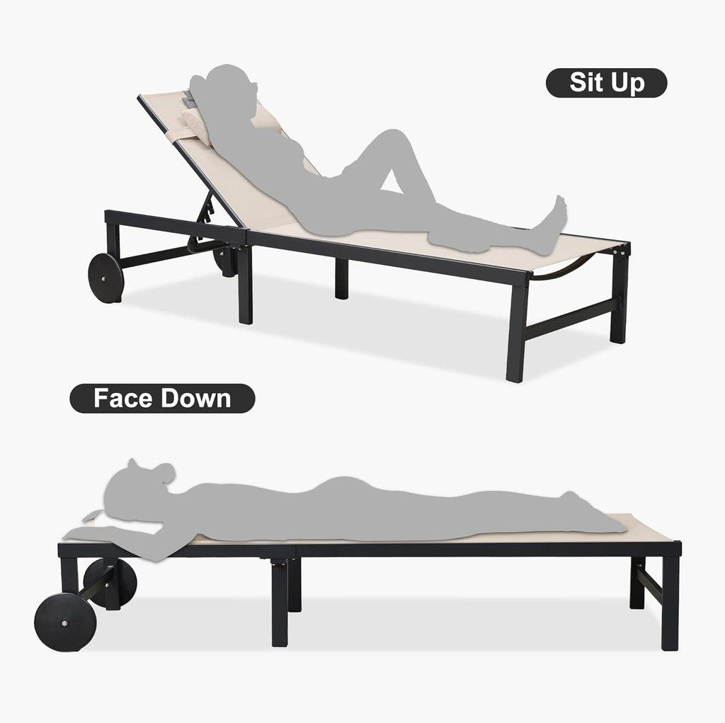 PURPLE LEAF Patio Tanning Lounge Chair Set with Face Down Hole Outdoor Aluminum Adjustable Reclining Chairs Wheels Pillows and Table for Poolside Beach Sunbathing Lounger, Beige wourant