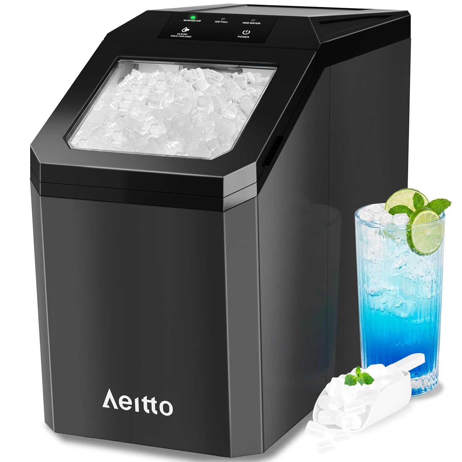 Aeitto Nugget Ice Maker Countertop, 42lbs/24H Ice Machine with 1.5L Water Tank, Rapid Ice Release in 6 Mins, Self-Cleaning Pebble Ice Maker with Basket and Scoop for Home Office RV and Party, Silver woonhhop