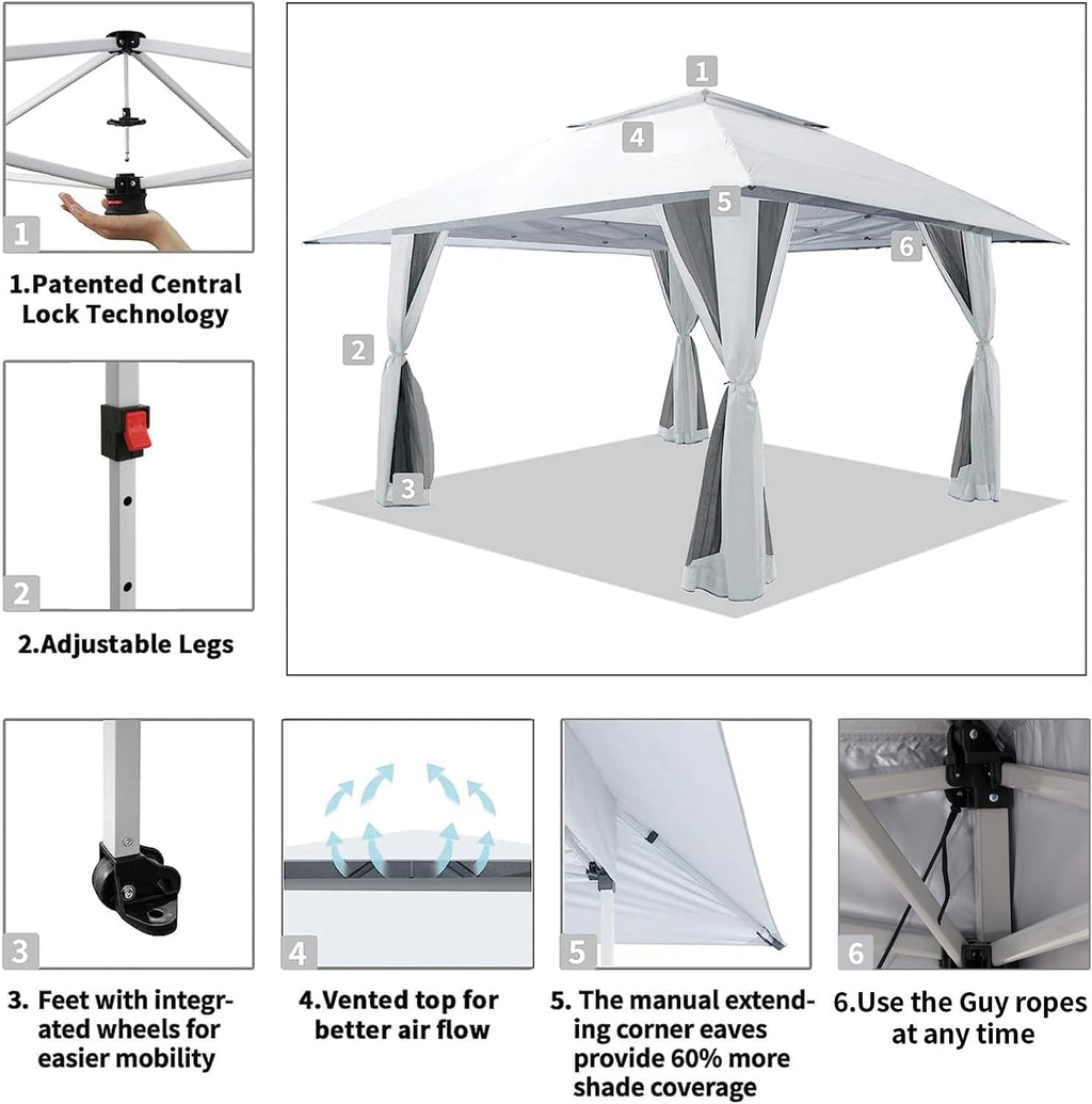 CROWN SHADES 13x13 Pop Up Gazebo, Canopy Tent, Gazebos on Clearance - Outdoor Gazebo for Backyard & Patio Furniture - Carpa Pop Up Tent with Wheeled STO-N-Go Cover Bag (White) wourant