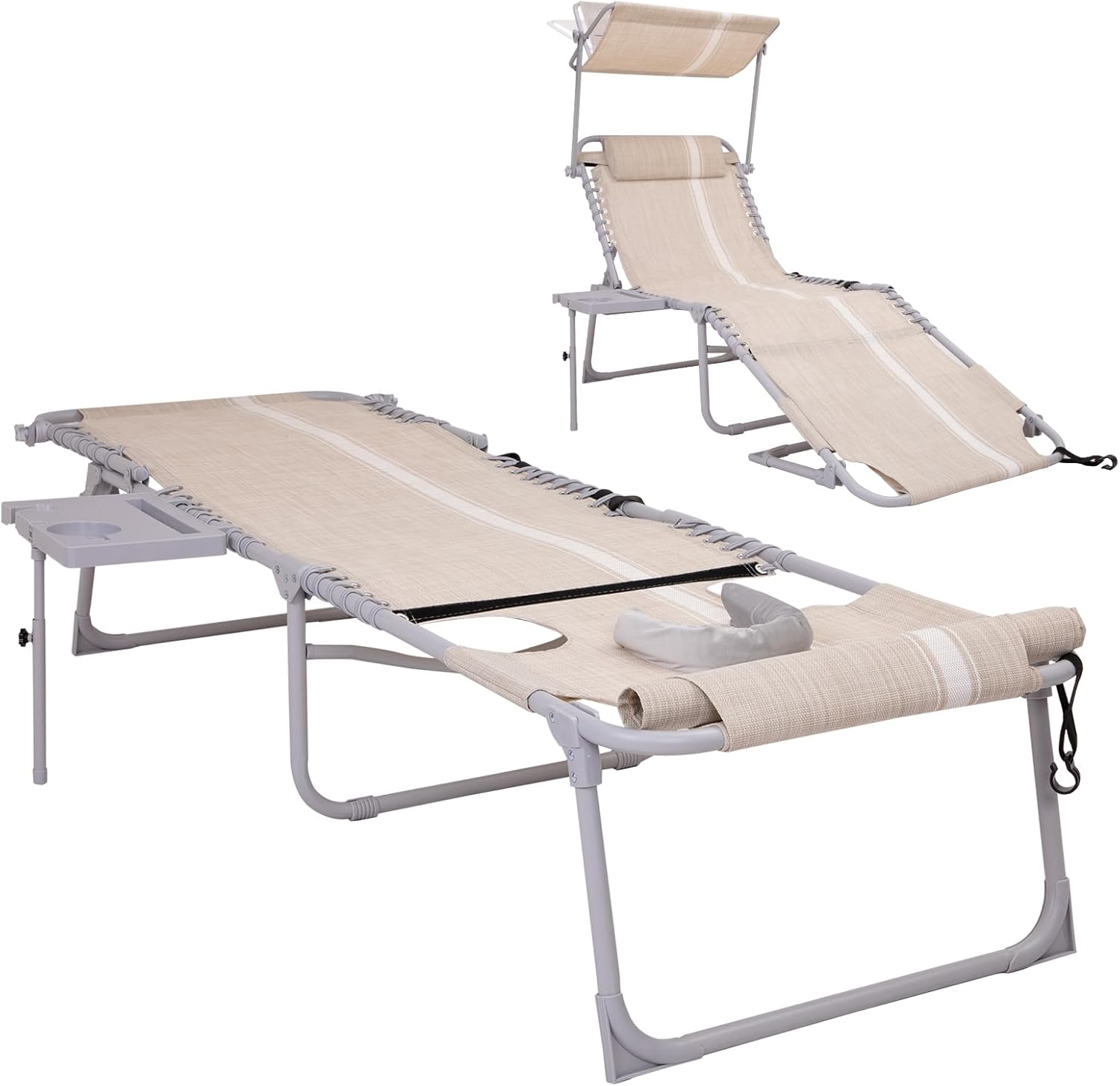 2 Pack Outdoor Chaise Lounge Chair - Portable Folding Patio Pool Lounge Chair, 5 Positions Adjustable Reclining Camping Chair with Side Table,Shoulder Strap, Pillow for Beach Sunbathing Lawn wourant