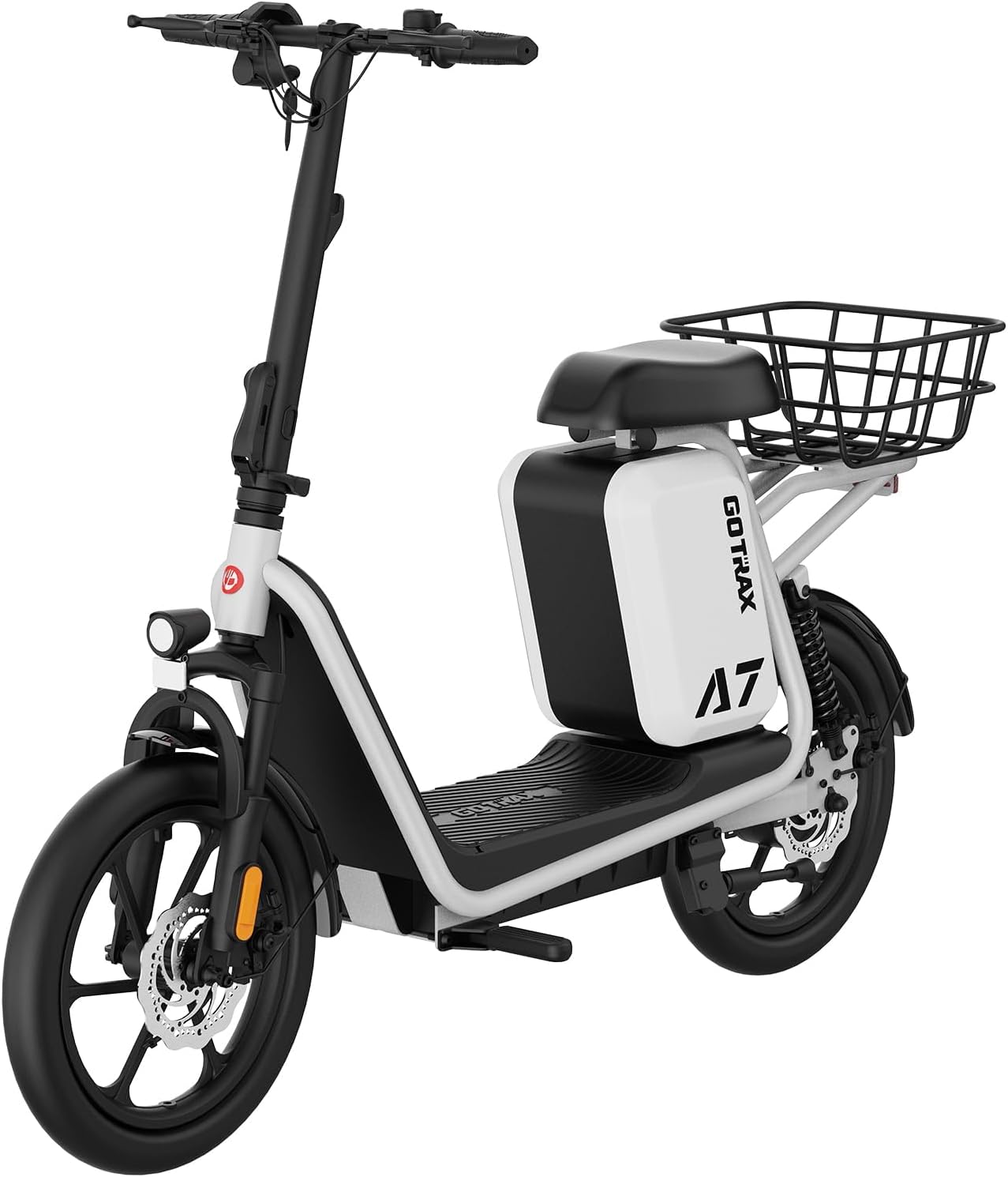 Gotrax adult electric scooter with seat, maximum range of 19-25 miles, all-terrain tires, wide pedals, padded seat, and carrycot wourant