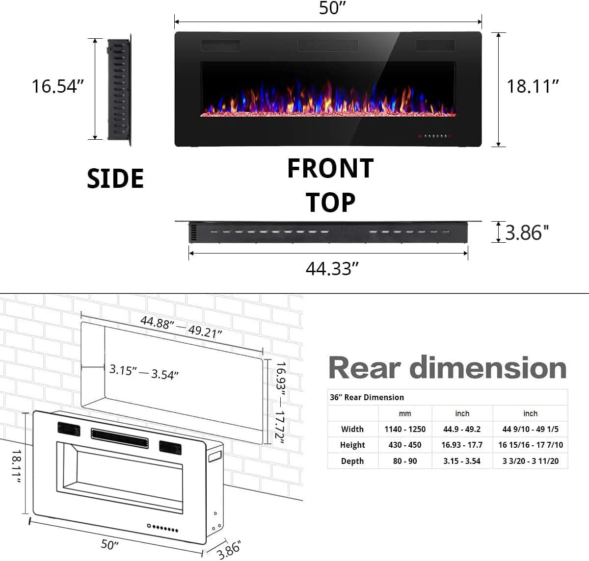 R.W.FLAME 60" Recessed and Wall Mounted Electric Fireplace, Low Noise, Fit for 2 x 6 Stud, Remote Control with Timer, Touch Screen, Adjustable Flame Color and Speed, 750-1500W wourant