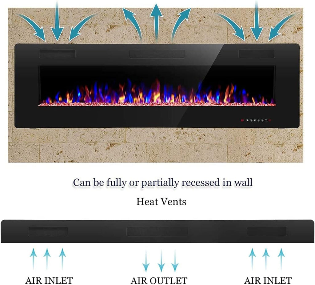 R.W.FLAME 60" Recessed and Wall Mounted Electric Fireplace, Low Noise, Fit for 2 x 6 Stud, Remote Control with Timer, Touch Screen, Adjustable Flame Color and Speed, 750-1500W wourant