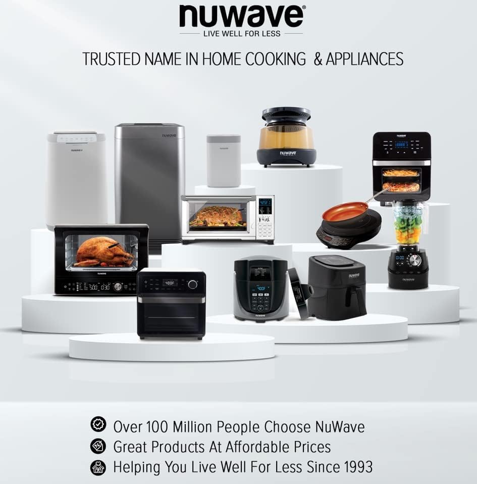 Nuwave Brio 15.5Qt Air Fryer/Oven quickly reheats, bakes, and dehydrates food with a temperature control range of 50°-425°F 1800W. wourant
