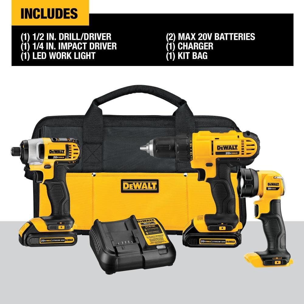 20V MAX Cordless Drill Impact Driver and LED Work Light Portable, Power Tool Combo Kit 3 Tool, 2 Batteries and Charger Included (DCK340C2) wourant