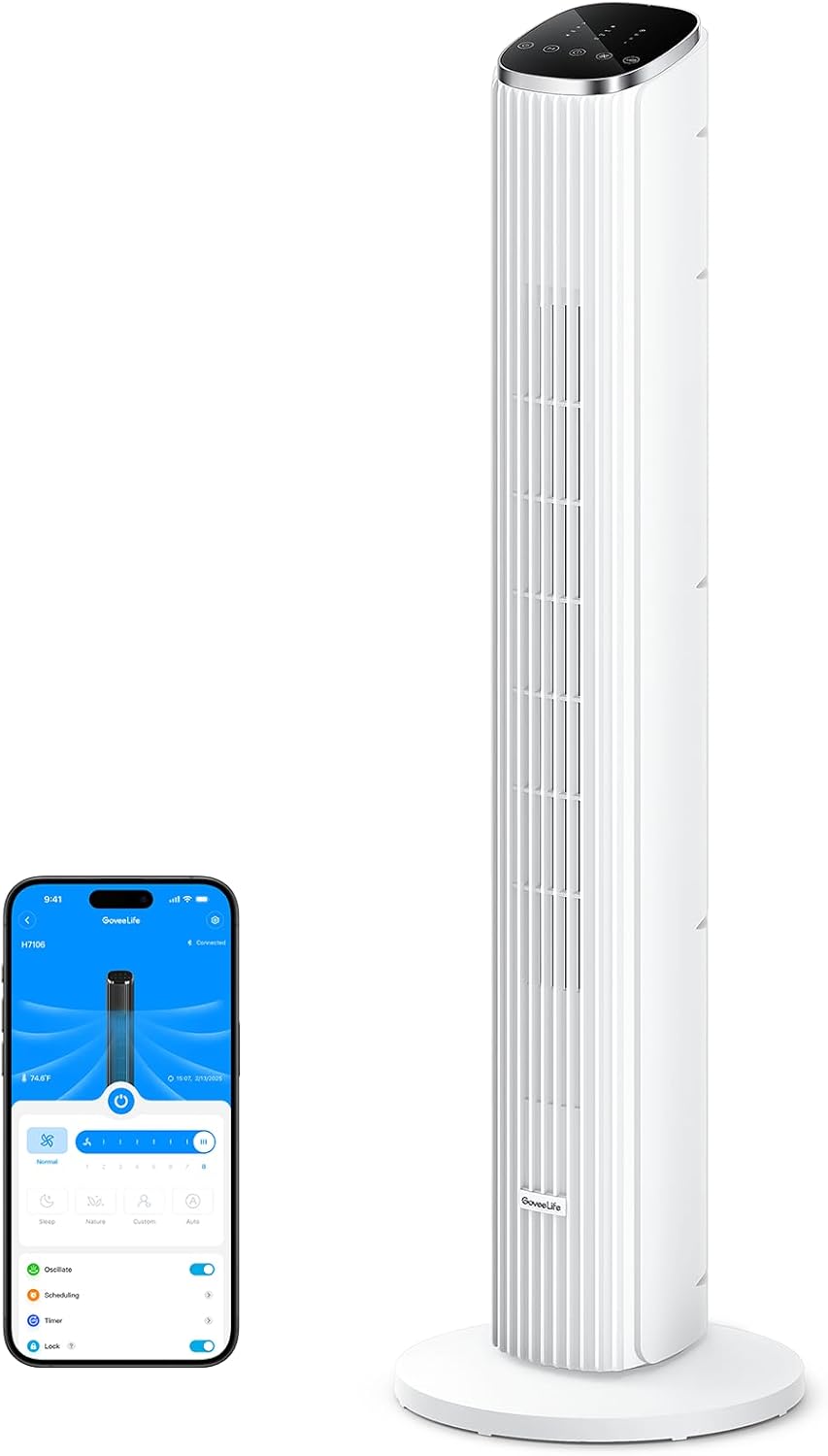 GoveeLife Black Tower Fan for Bedroom, 36" Smart Floor Fan with App/Voice Control, Temperature Sensor, 5 Modes 8 Speeds(25ft/s), 29dB Quiet Oscillating Fan for Office, 24H Timer, Auto Cooling woonhhop