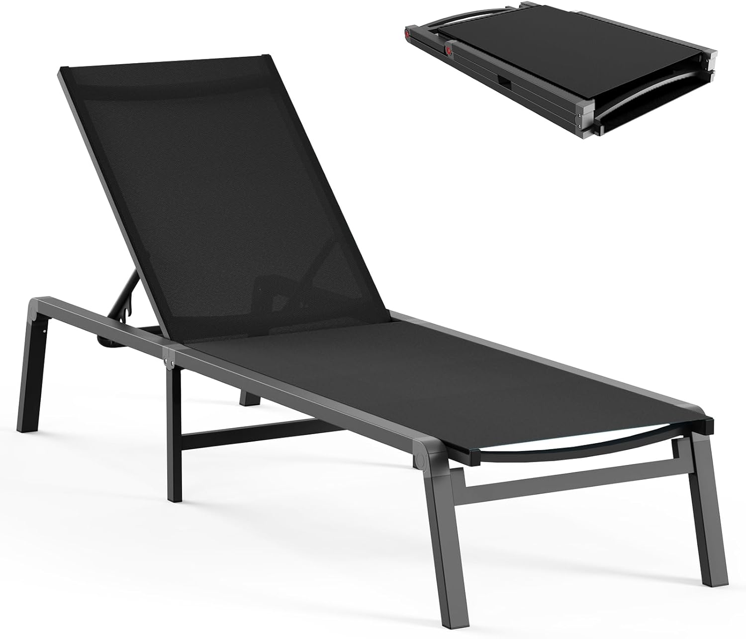 Aluminum Chaise Lounge Ourdoor - Foldable & Assemble Free Outdoor Lounge Chair with 5 Adjustable Backrest, Patio Lounge Chair for Outside Poolside Beach Pool, Black wourant