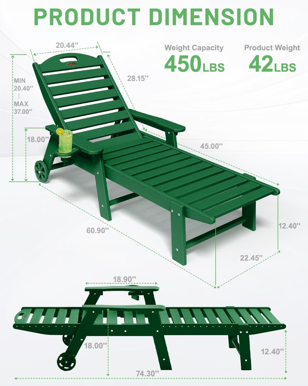 Lounge Chair Outdoor, Chaise Lounge, HDPE 6-Position Outdoor Chaise Lounge, Patio Lounge Chair with Wheels & Cup Holder for Pool Poolside Deck Backyard, Teak wourant