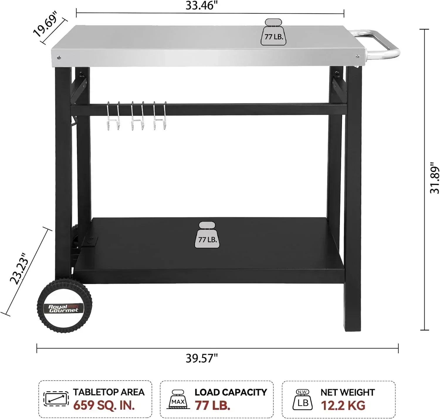 Royal Gourmet Dining Cart Table with Double-Shelf Movable Stainless Steel Flat Top Grill Cart wourant