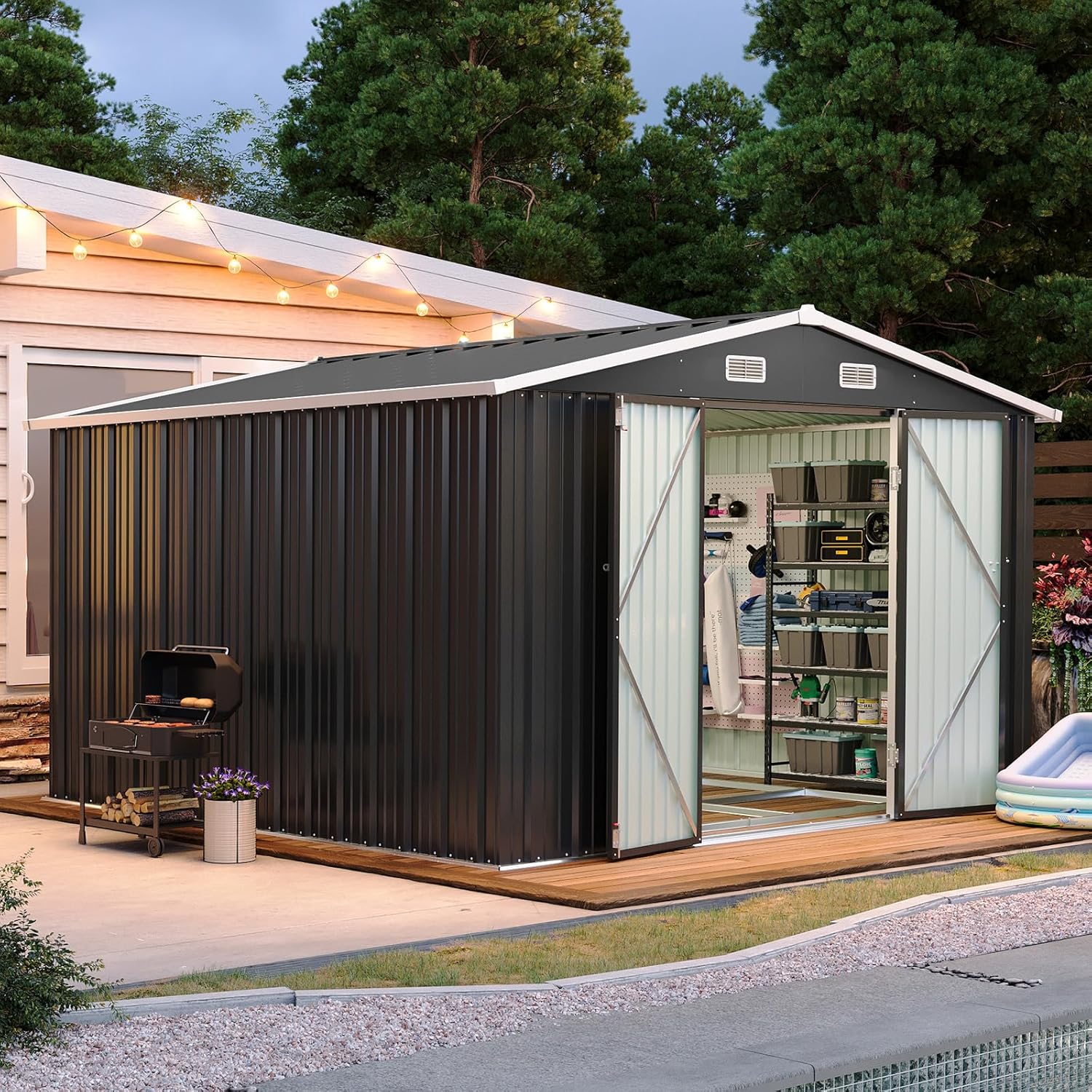 Aoxun 12x10 FT Shed Metal Outdoor Waterproof Storage Shed Steel Utility Garden Tool Shed wourant