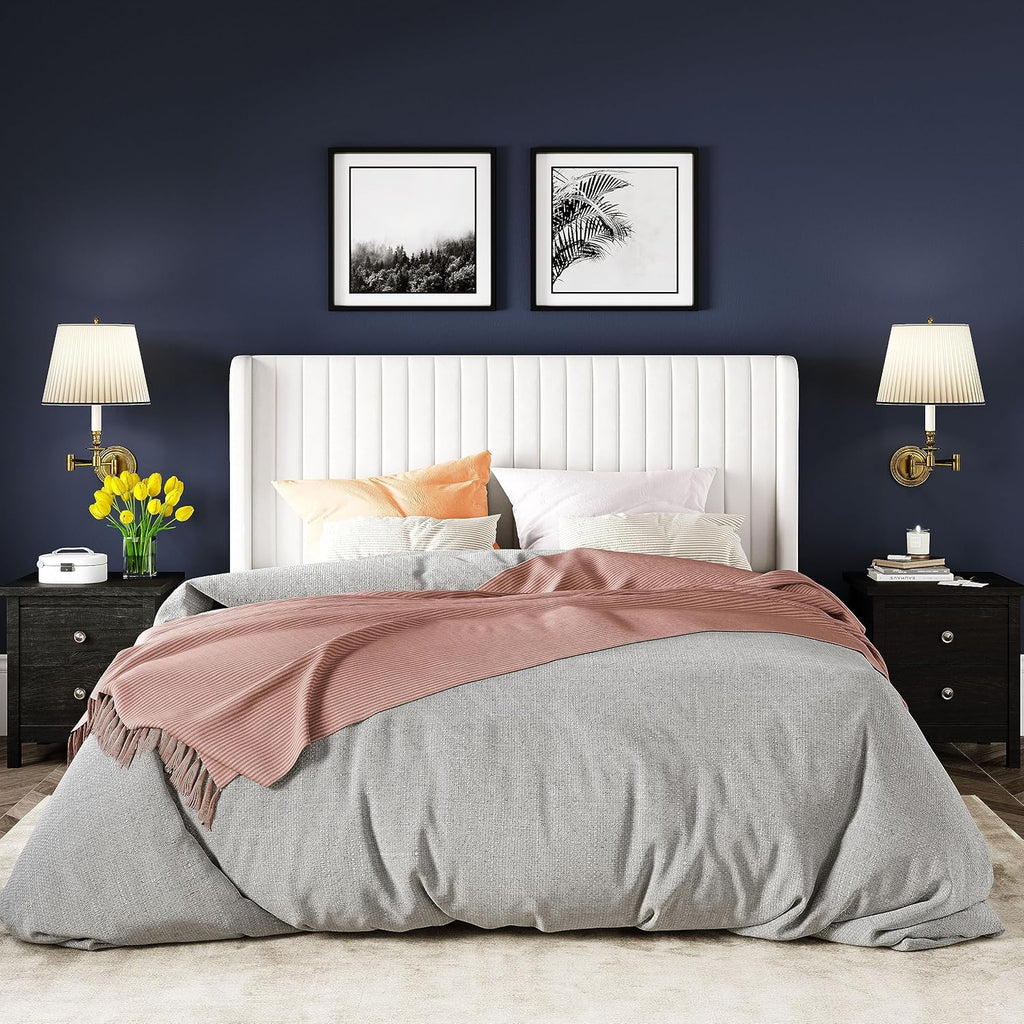 Allewie Full Size Velvet Bed Frame Vertical Channel Tufted Wingback Headboard Upholstered Bed wourant