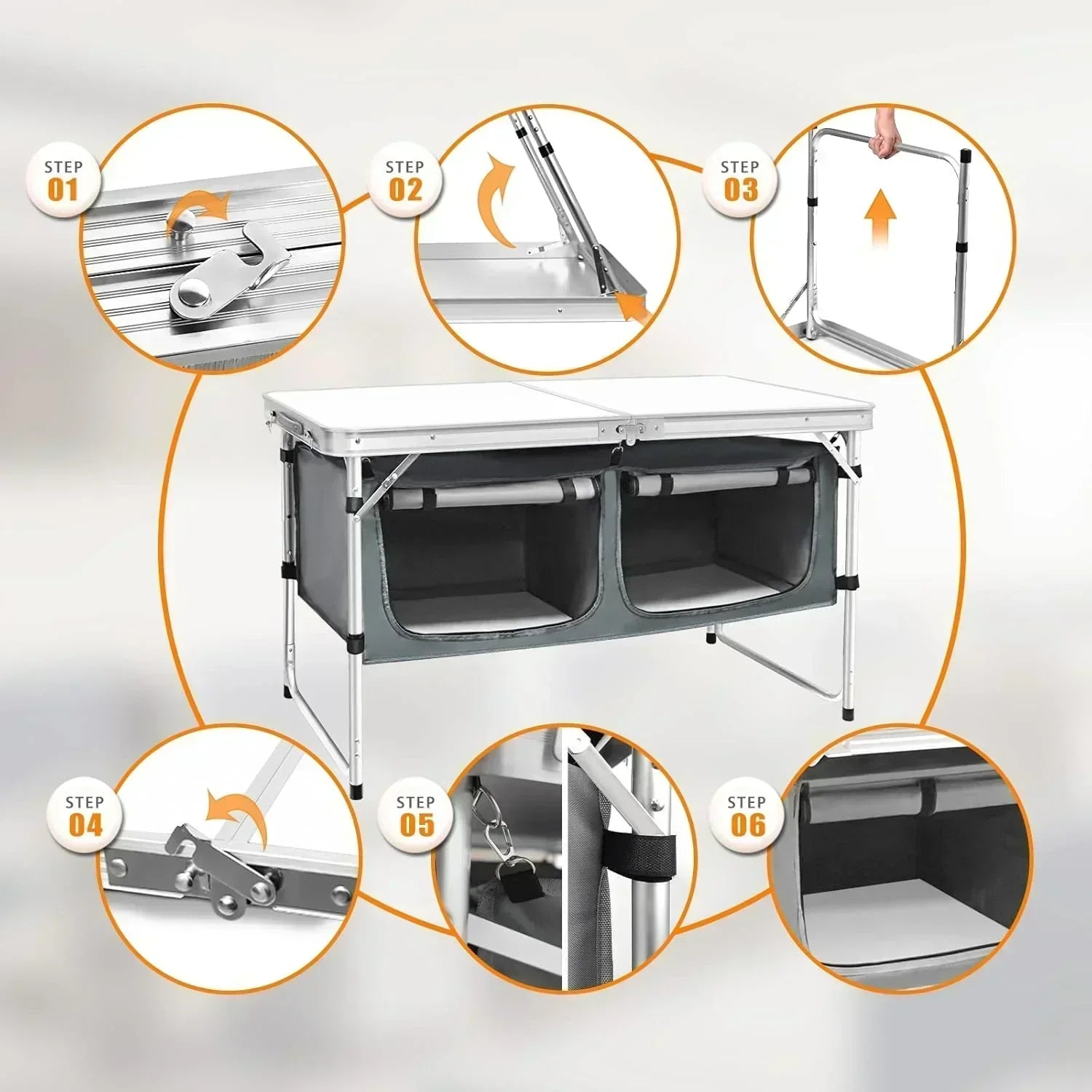 Outdoor Folding Table Aluminum Lightweight Height Adjustable with Storage Organizer wourant