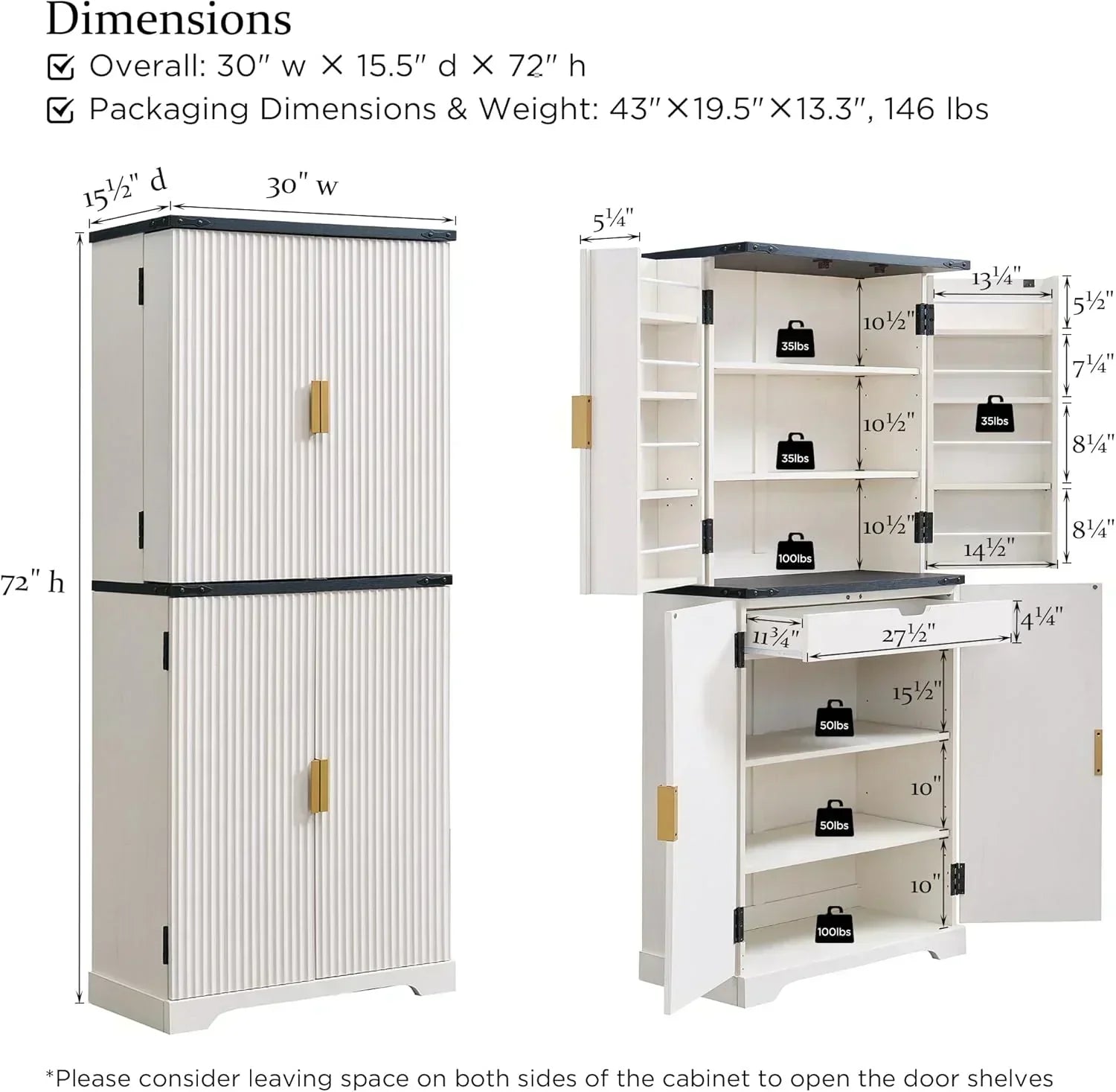 Fluted Pantry Cabinet 72" Tall Modern Storage Cabinet with 4 Doors Organizer Drawer wourant
