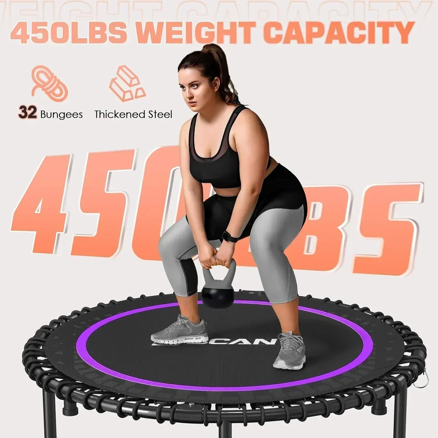 BCAN 450/550 LBS Foldable Mini Trampoline Fitness Trampoline Bungees Adjustable Foam Handle wourant